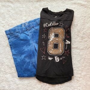 Girls Black Graphic Tee and Blue Pants Set
